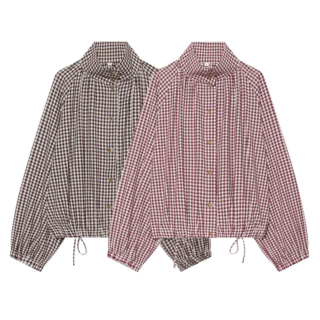 Damen Karierte Cropped‑Bluse mit Stehkragen, Tunnelzugsaum und Ballonärmeln Nord Taschen