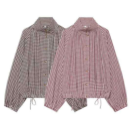 Damen Karierte Cropped‑Bluse mit Stehkragen, Tunnelzugsaum und Ballonärmeln Nord Taschen
