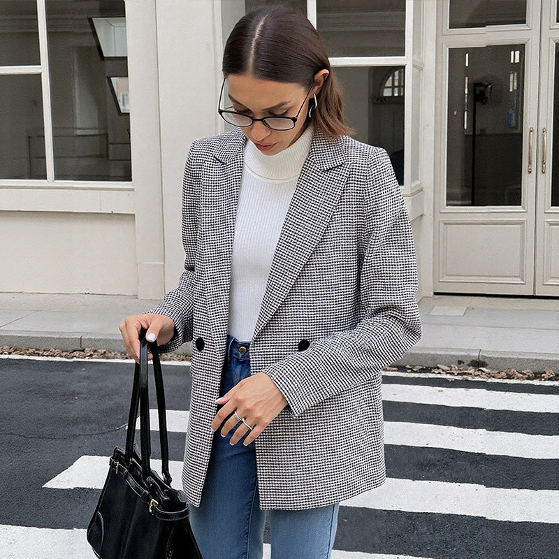 Damen Oversize Hahnentritt-Blazer mit Reverskragen und Pattentaschen Nord Taschen