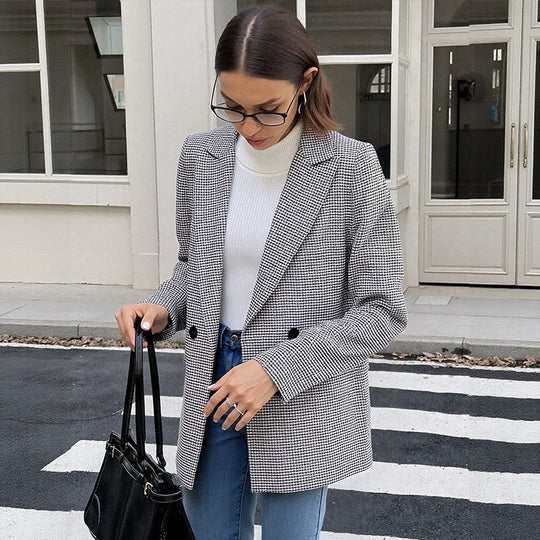 Damen Oversize Hahnentritt-Blazer mit Reverskragen und Pattentaschen Nord Taschen