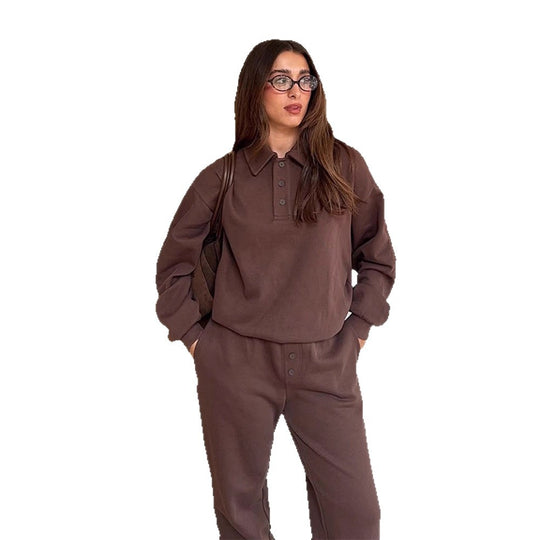 Damen Lässiges Polo-Sweatset aus Bio-Baumwollfleece mit Oversize-Pulli und High-Waist Jogger Nord Taschen