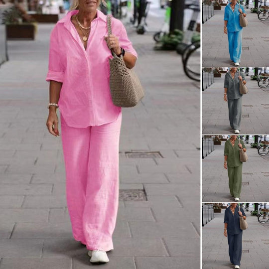 Damen Leichtes Leinen-Loungewear-Set mit offenem Hemdkragen und weiter Palazzohose Nord Taschen