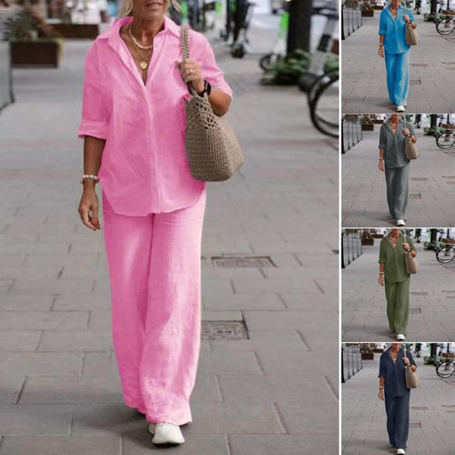 Damen Leichtes Leinen-Loungewear-Set mit offenem Hemdkragen und weiter Palazzohose Nord Taschen
