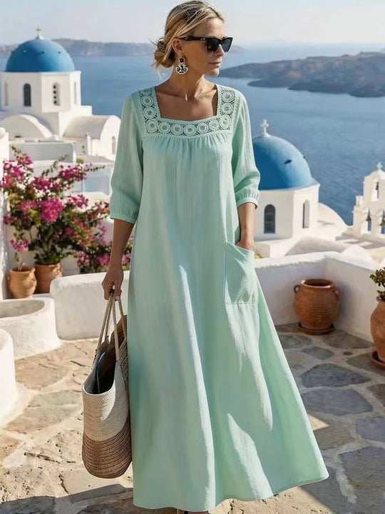 Damen Maxikleid mit gehäkeltem Quadrat-Ausschnitt, dreiviertel Ärmeln und Eingrifftasche Nord Taschen