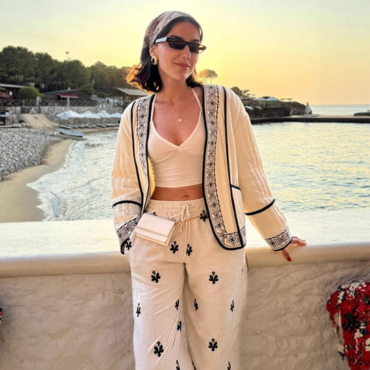 Damen Gestepptes Kimono-Cardigan mit geometrischer Stickbordüre Nord Taschen