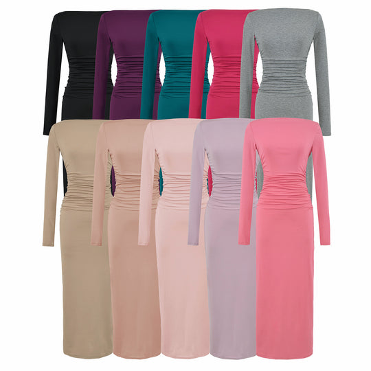 Damen Einschulter-Midikleid mit Langarm und seitlicher Raffung Nord Taschen