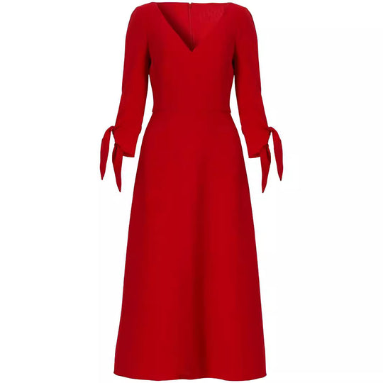 Damen Tailliertes Midikleid mit V-Ausschnitt und Schleifenmanschetten Nord Taschen