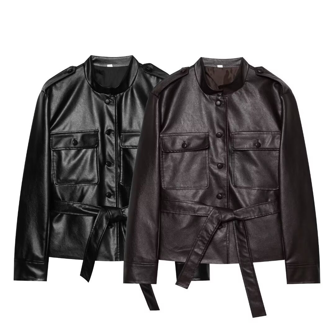 Damen Taillierter Kunstleder-Safari-Blouson mit Bindegürtel und Pattentaschen Nord Taschen