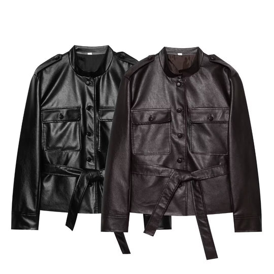 Damen Taillierter Kunstleder-Safari-Blouson mit Bindegürtel und Pattentaschen Nord Taschen