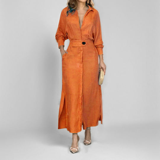 Damen Leinen-Maxikleid mit Hemdkragen, Taillengürtel und seitlichen Beinschlitzen Nord Taschen