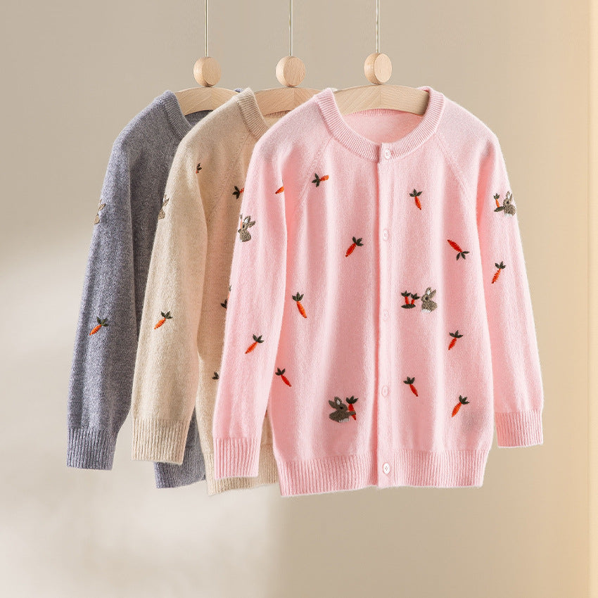 Damen Geknöpfte Feinstrick‑Cardigan mit Hasen‑ und Karottenstickerei Nord Taschen