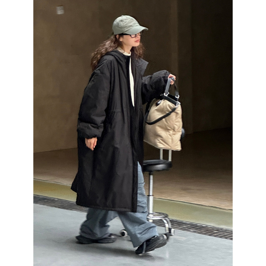 Damen Übergroßer wattierter Longparka mit Tunnelzug und Stehkragen Nord Taschen