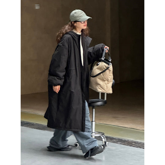 Damen Übergroßer wattierter Longparka mit Tunnelzug und Stehkragen Nord Taschen