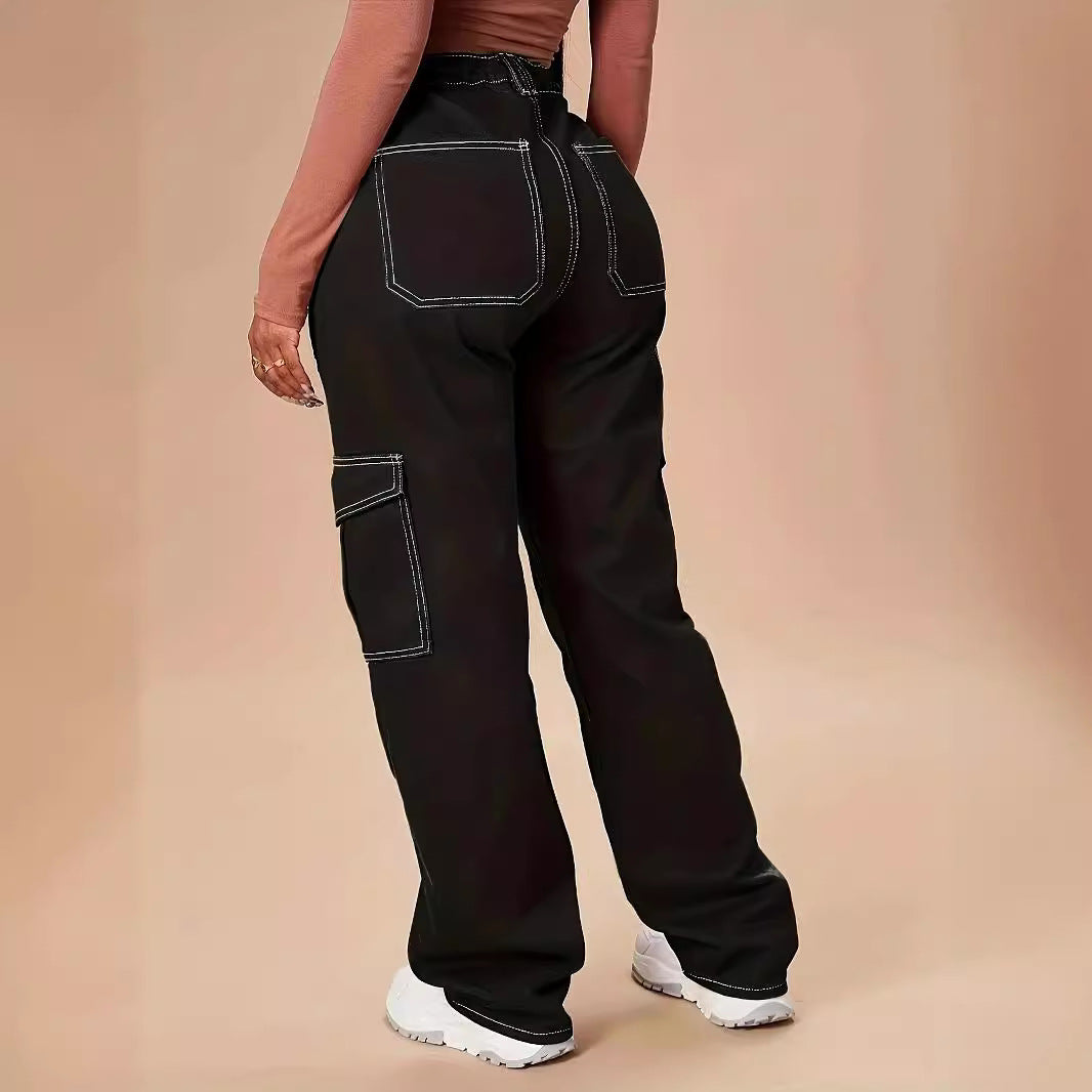 Damen Utility-Cargo-Hose mit weitem Bein, hoher Taille und kontrastierenden Ziernähten Nord Taschen