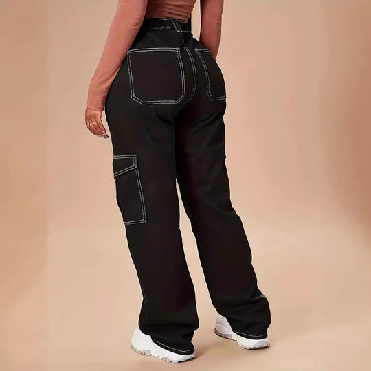 Damen Utility-Cargo-Hose mit weitem Bein, hoher Taille und kontrastierenden Ziernähten Nord Taschen
