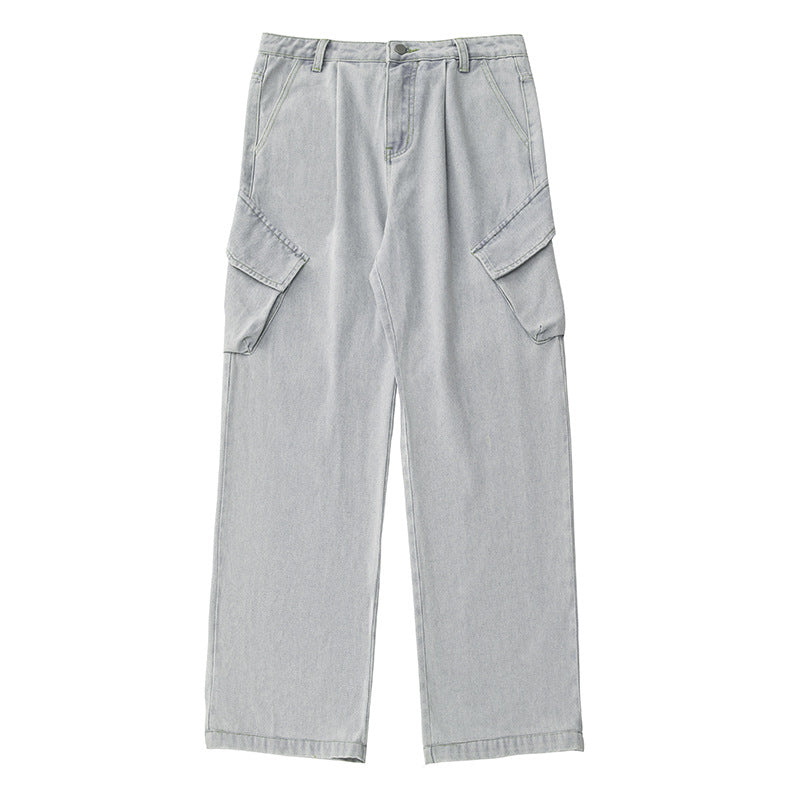 Unisex Hochtaillierte Relaxed-Denim‑Cargohose mit weitem Palazzoschnitt und asymmetrischen Klappentaschen Nord Taschen