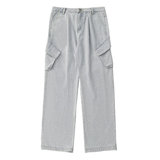 Unisex Hochtaillierte Relaxed-Denim‑Cargohose mit weitem Palazzoschnitt und asymmetrischen Klappentaschen Nord Taschen