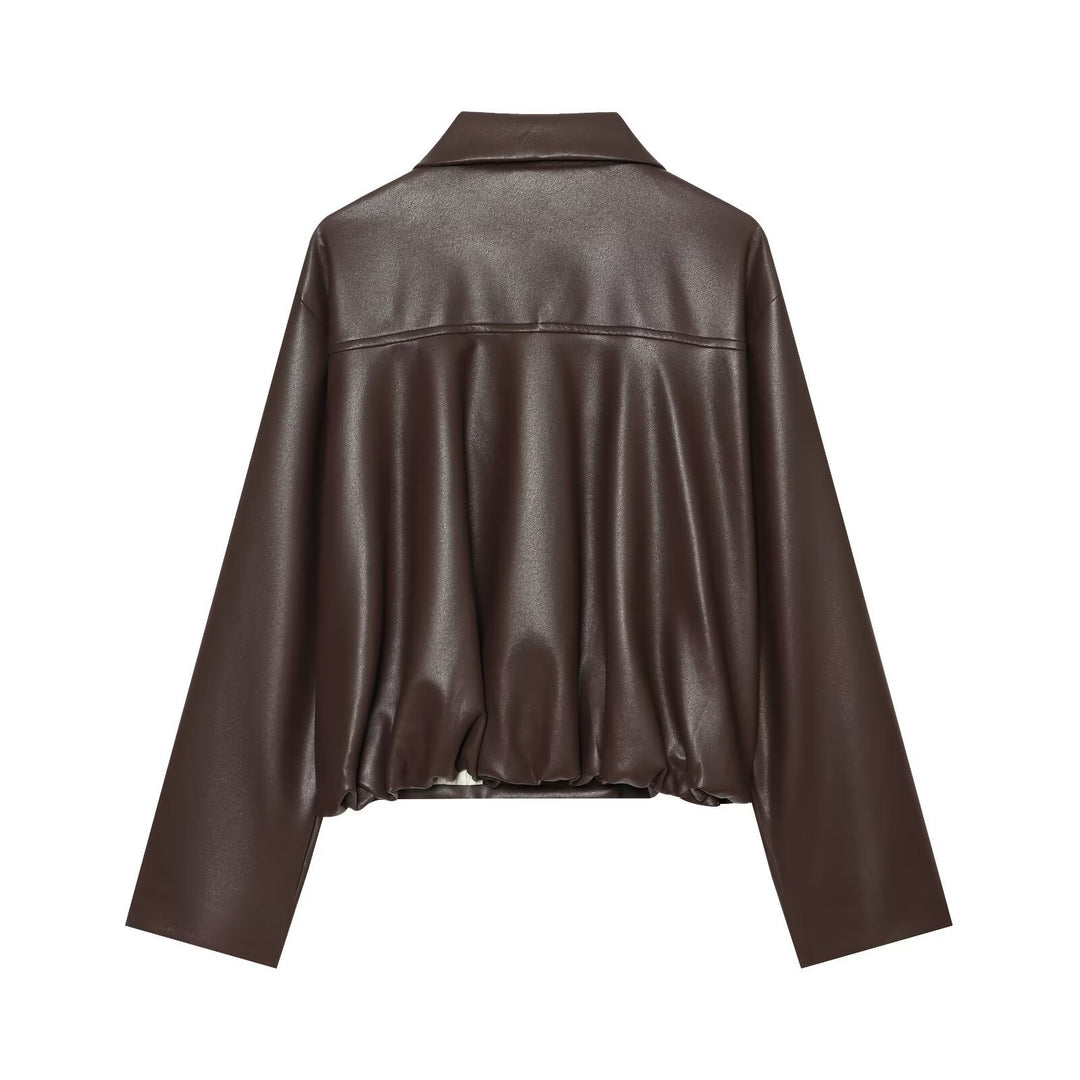 Damen Kurz geschnittene doppelreihige Kunstlederjacke mit weitem Hemdkragen Nord Taschen