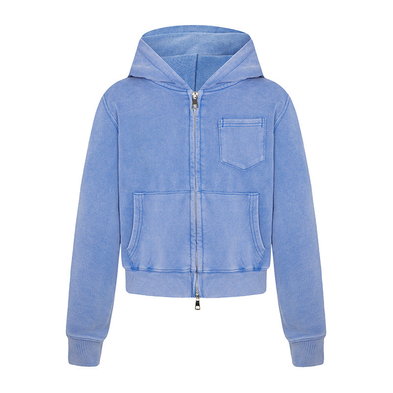 Damen Kurz geschnittene Kapuzen-Zipjacke aus garment-dyed Baumwollfleece mit Brusttasche Nord Taschen