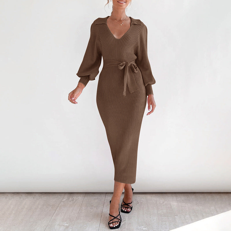 Damen Midikleid aus Rippstrick mit V‑Ausschnitt, Hemdkragen, Balloonärmeln & Bindegürtel Nord Taschen