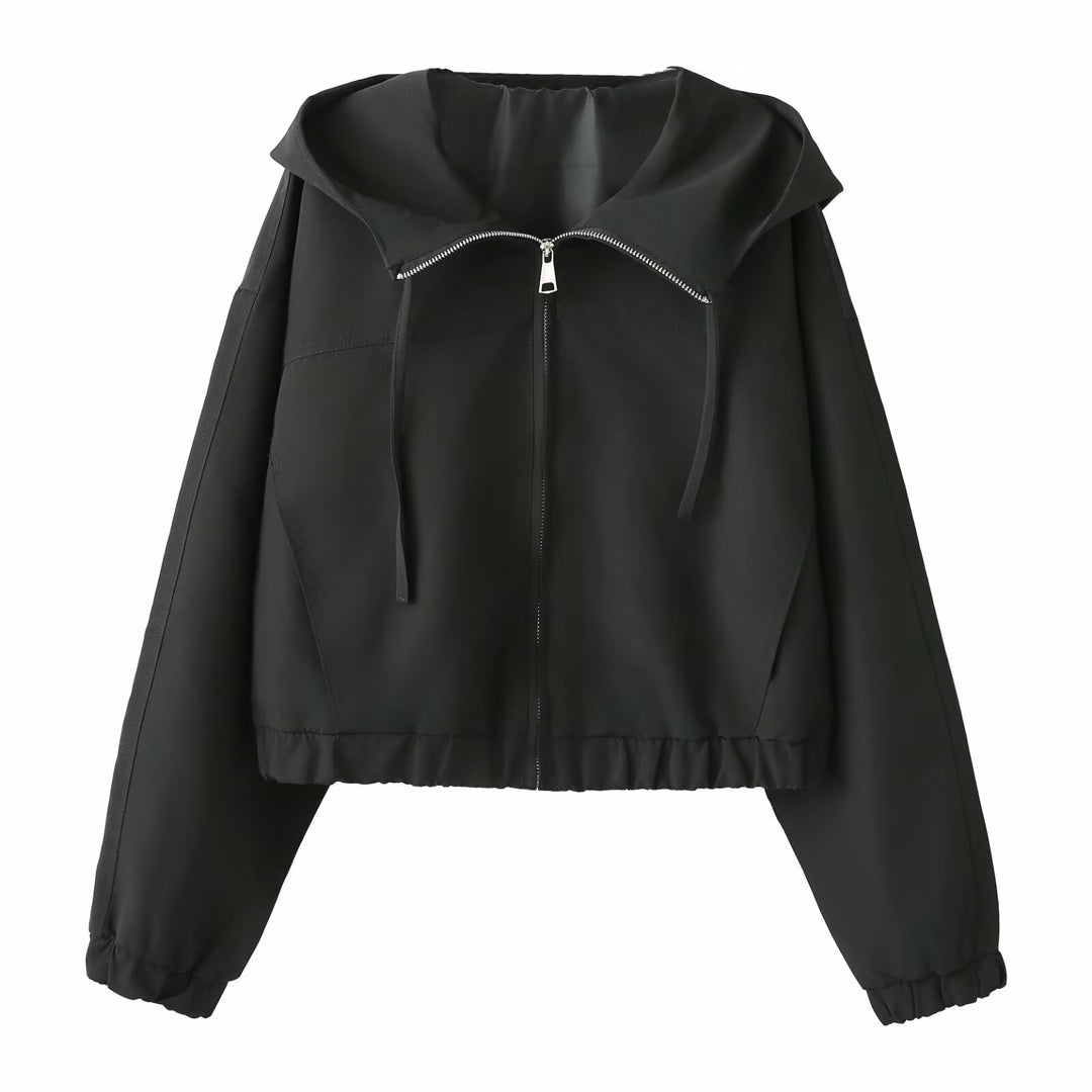 Damen Kurz geschnittene Kapuzenjacke mit weitem Schalkragen, durchgehendem Reißverschluss und elastischem Saum Nord Taschen