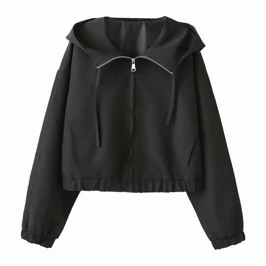 Damen Kurz geschnittene Kapuzenjacke mit weitem Schalkragen, durchgehendem Reißverschluss und elastischem Saum Nord Taschen