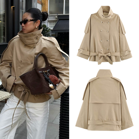 Damen Kurz geschnittener Cape-Trenchcoat mit Stehkragen und Taillengürtel Nord Taschen