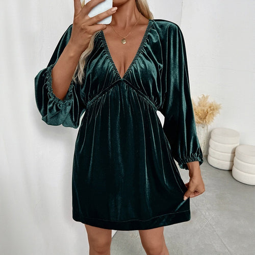 Damen Elegantes Samtkleid mit V-Ausschnitt und Puffärmeln Nord Taschen