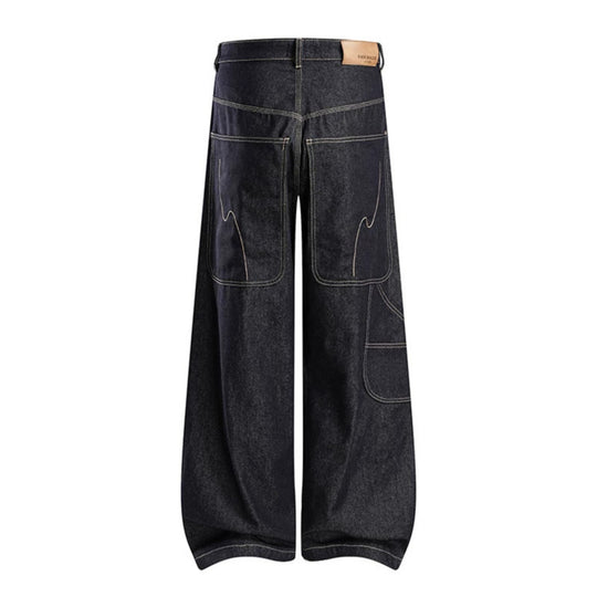 Damen High‑Waist weite Balloon-Jeans mit Kontrastnähten und Utility‑Tasche Nord Taschen