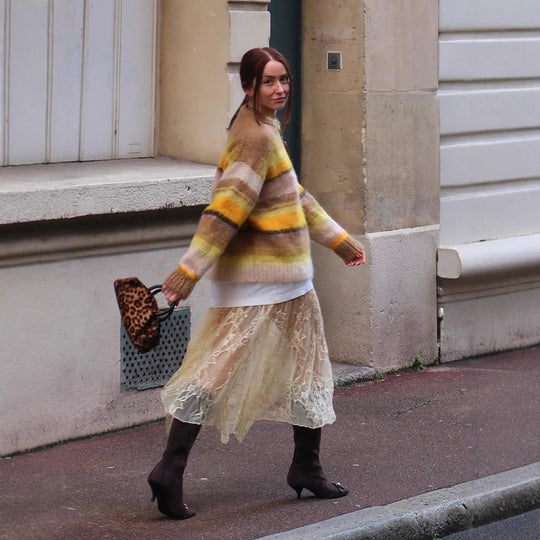 Damen Kuscheliger Streifenpullover aus flauschigem Mohair-Mix mit Rundhalsausschnitt und Oversize-Silhouette Nord Taschen