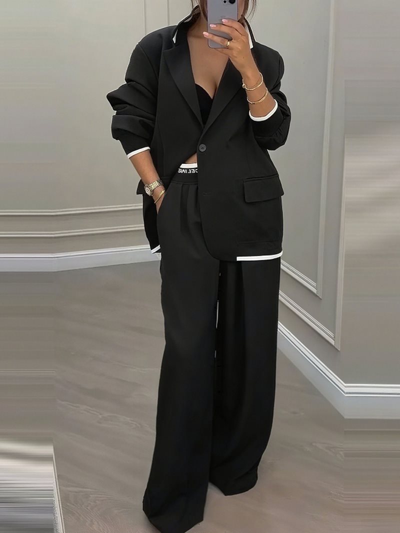 Damen Oversize-Blazer mit Kontrastbesatz und High‑Waist Palazzo‑Hose Zweiteiler Nord Taschen