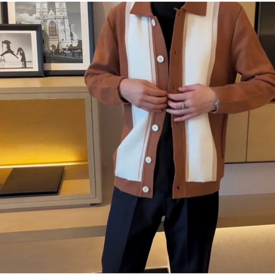 Damen Feinstrick-Cardigan mit Polokragen, kontrastierenden Rippeinsätzen und durchgehender Knopfleiste Nord Taschen