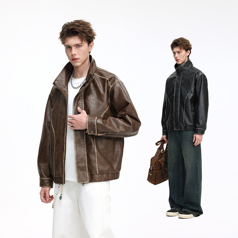 Herren Lederoptik-Blouson mit Stehkragen, Reißverschluss und Ziernähten Nord Taschen
