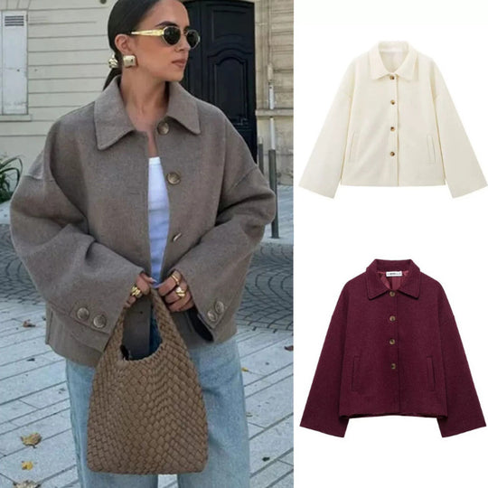 Damen 600+ kurze boxy Wollmix‑Jacke mit Hemdkragen, geknöpfter Front und Eingrifftaschen Nord Taschen