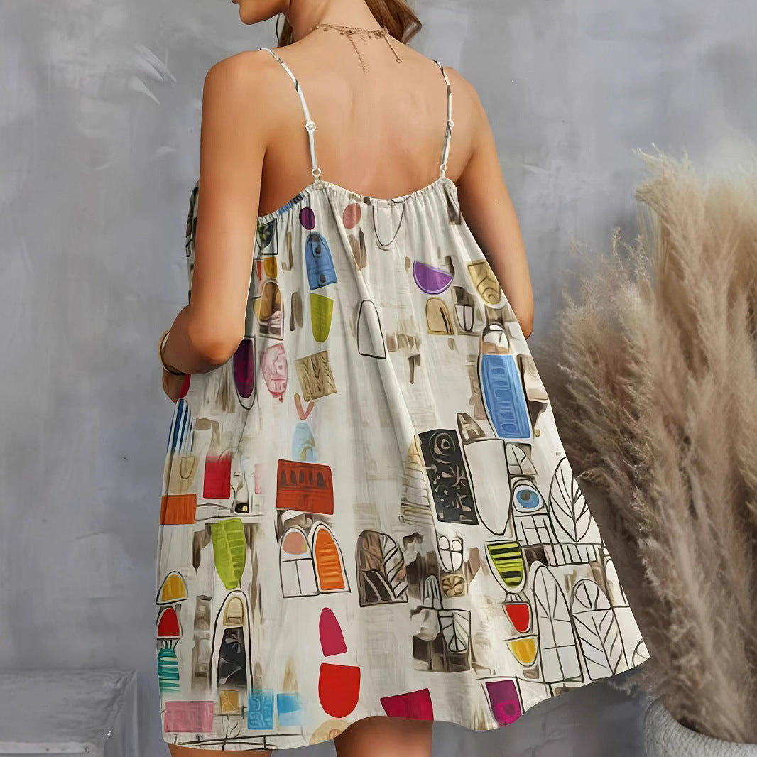 Damen luftiges Sommerkleid mit buntem geometrischem Muster und Kreuzträgern Nord Taschen