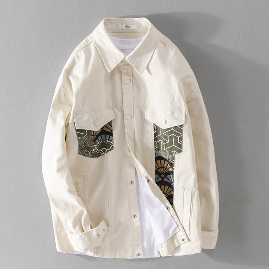 Herren Leichtes Canvas-Overshirt im Worker‑Stil mit japanischem Musterpatch und Druckknopfleiste Nord Taschen