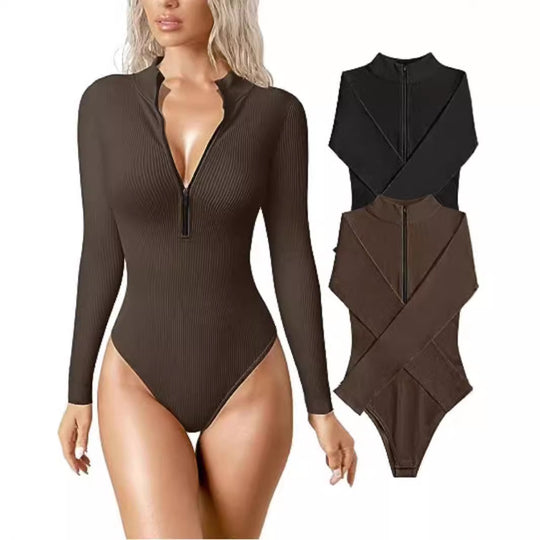 Damen Enganliegendes Rippstrick-Longsleeve mit Halbzip und Stehkragen Nord Taschen