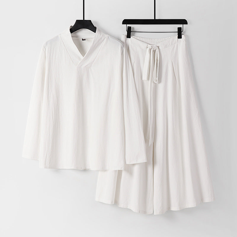 Damen Leichtes Leinen-Baumwoll Loungewear-Set mit V-Ausschnitt, weitem Midirock und Bindegürtel Nord Taschen