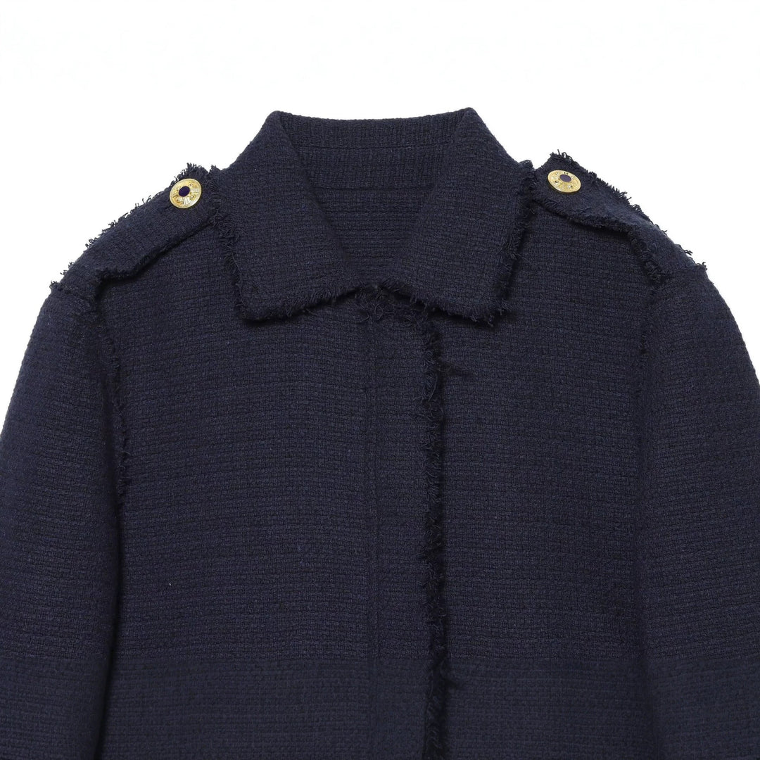 Damen Bouclé‑Tweed Kurzjacke mit Fransenbesatz, Schulterpatten und aufgesetzten Taschen Nord Taschen