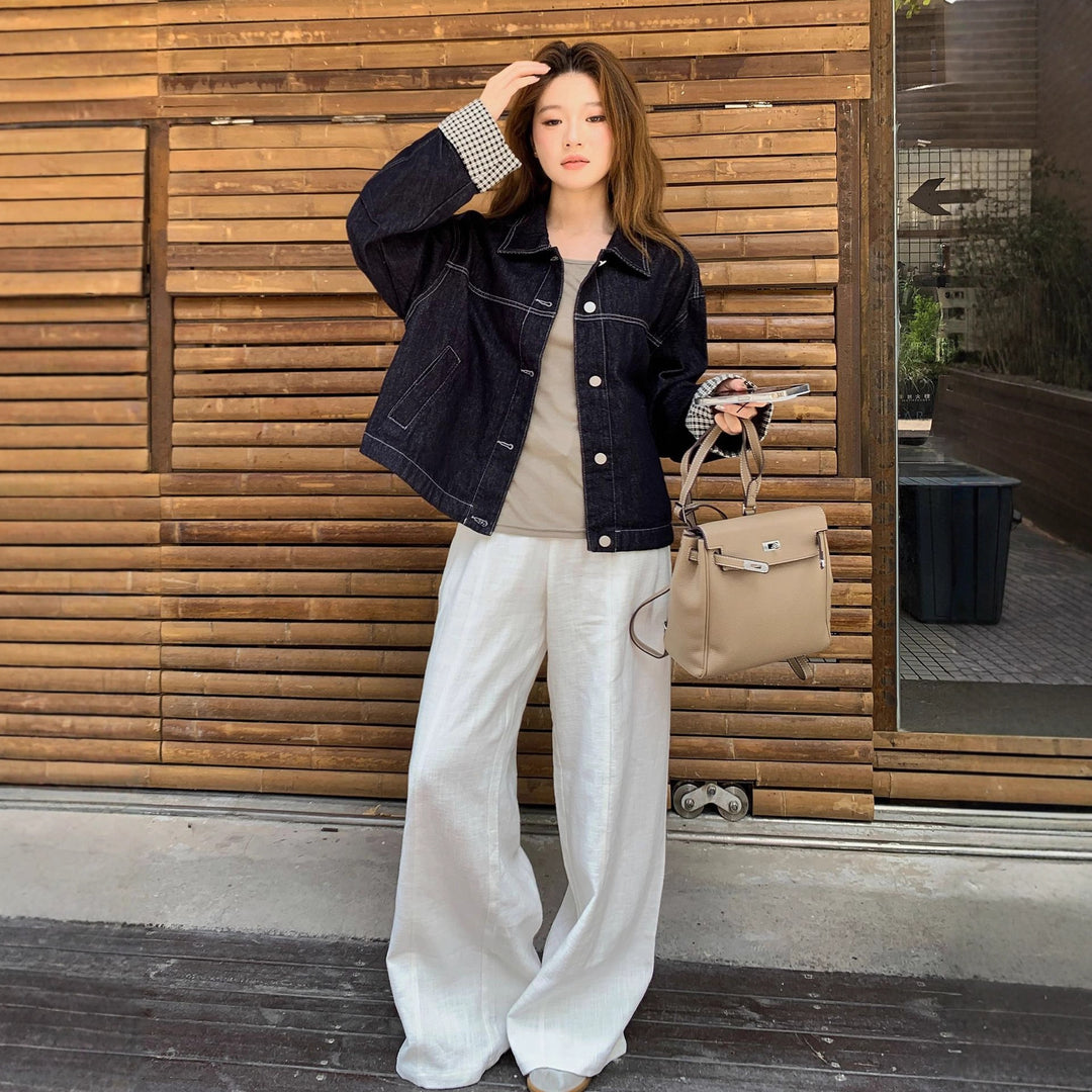 Damen Boxy-Jeansjacke mit kontrastierenden Nähten, Kordelzugsaum und karierten Manschetten Nord Taschen
