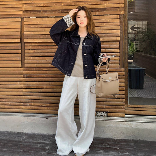 Damen Boxy-Jeansjacke mit kontrastierenden Nähten, Kordelzugsaum und karierten Manschetten Nord Taschen