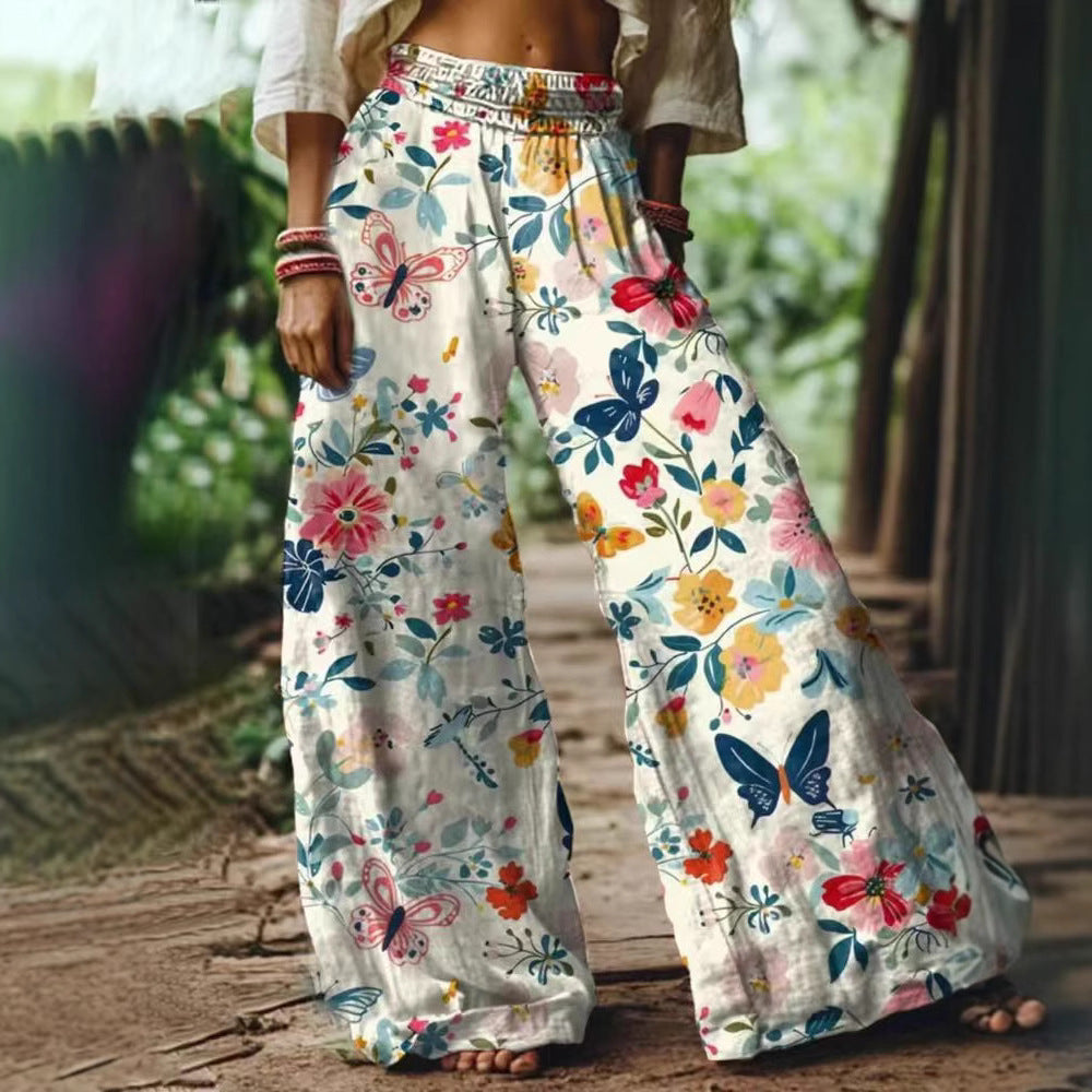 Damen Weite Sommerhose mit buntem Blumen- und Schmetterlingsprint