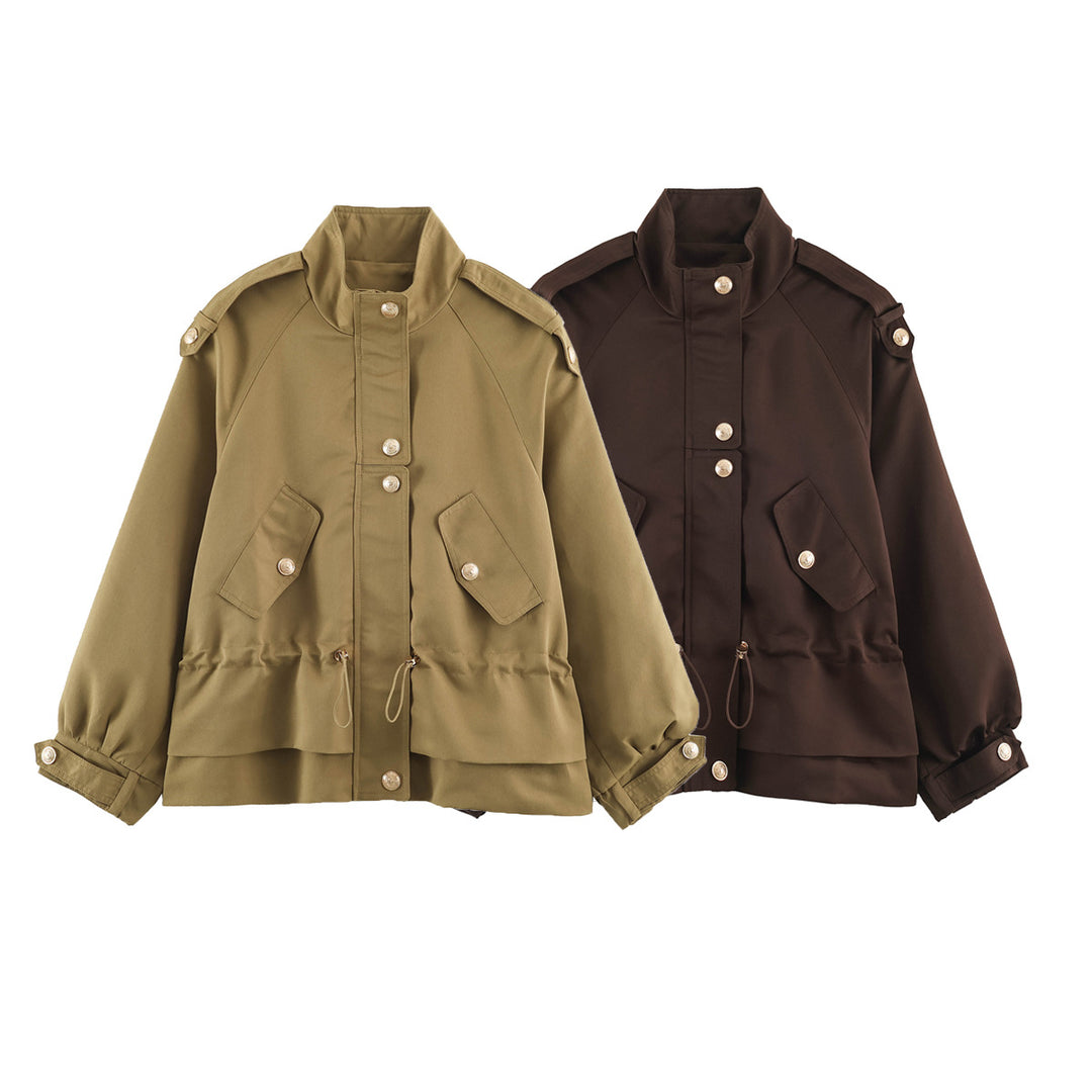 Damen 10+ kurze Utility-Jacke mit Taillenraffung, Stehkragen und Schulterklappen Nord Taschen