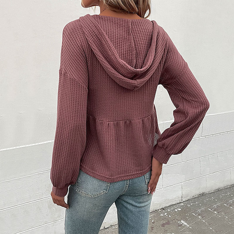 Damen Waffelstrick-Hoodie-Bluse mit V-Ausschnitt, Knopfleiste und geraffter Taillenpasse Nord Taschen