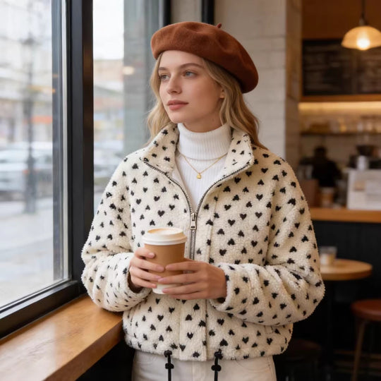 Damen Teddyjacke mit Herz-Allover, kurzer Boxy‑Schnitt, Stehkragen und Tunnelzug Nord Taschen