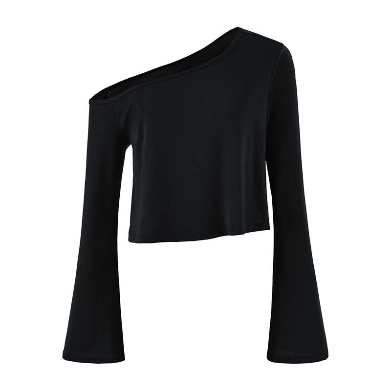 Damen Cropped Off-Shoulder Longsleeve mit ausgestellten Trompetenärmeln aus Jersey Nord Taschen