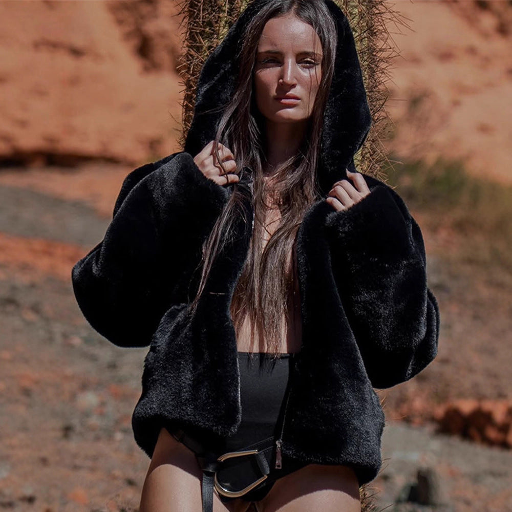 Damen Kurze Teddy-Fauxfur-Bomberjacke mit Kapuze, breitem Rippsaum und Zweiwege-Reißverschluss Nord Taschen