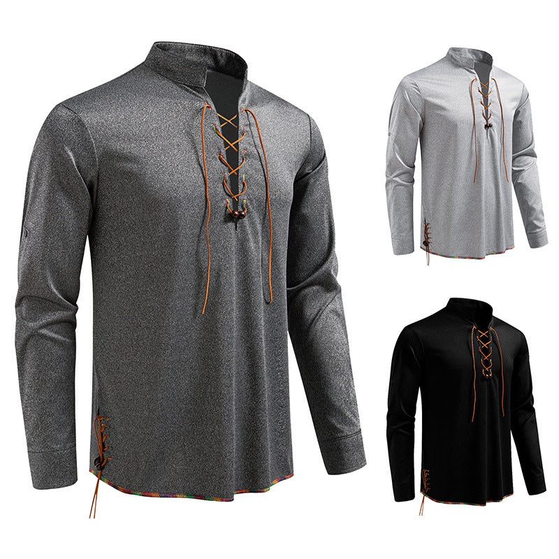 Herren Lässiges Baumwoll-Langarmshirt mit Schnürung, Stehkragen und aufkrempelbaren Ärmeln Nord Taschen