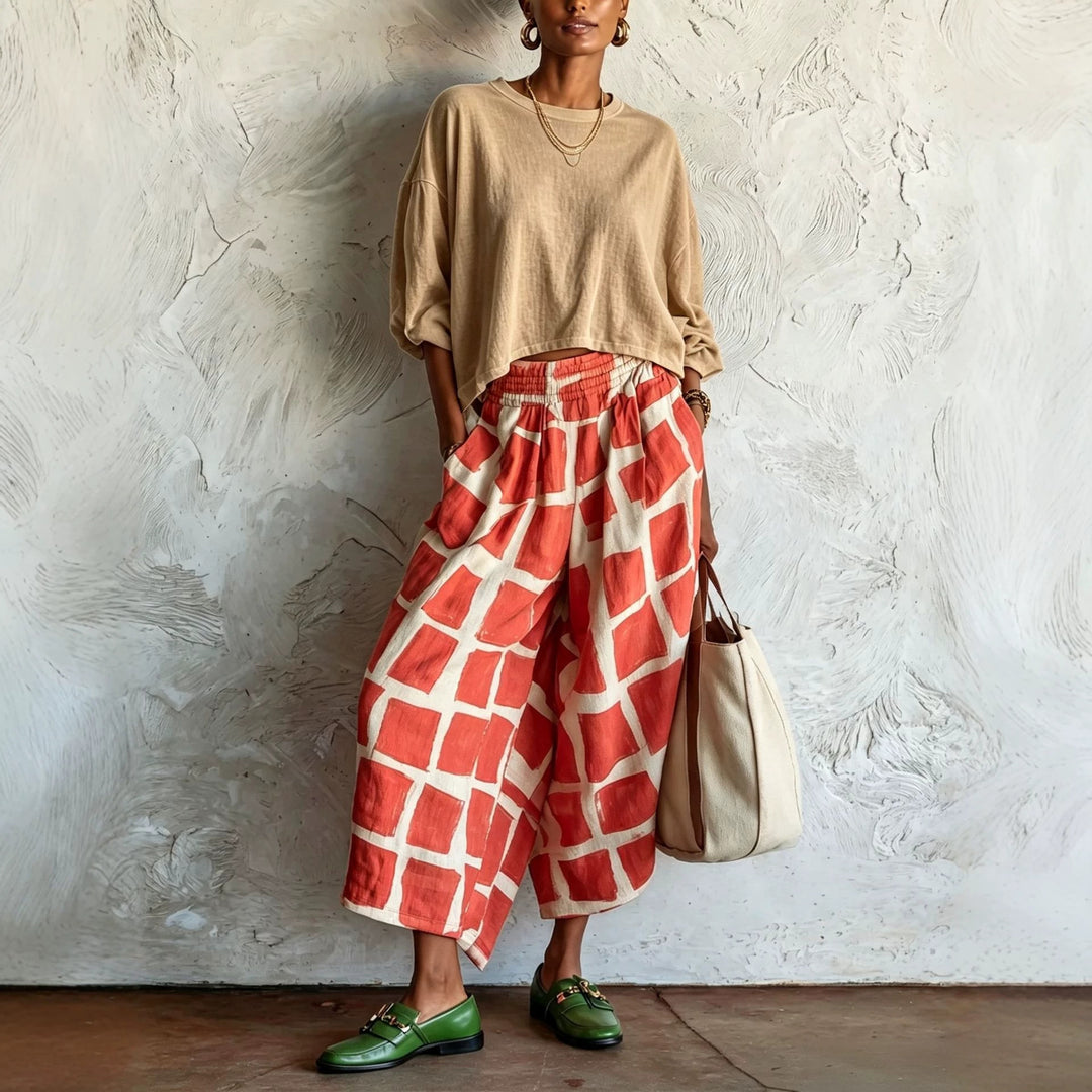 Damen Weite Culotte-Hose aus Leinenmix mit elastischem Bund und grafischem Print Nord Taschen