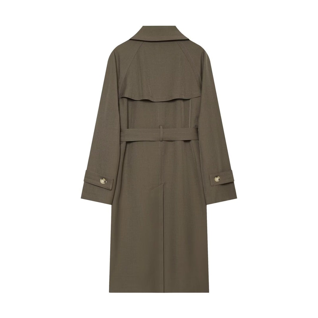 Damen Longline Doppelreihiger Trenchcoat mit Taillengürtel, Ziernähten und Umlegekragen Nord Taschen